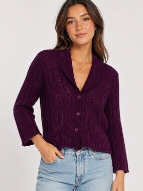 Notations Open Knit Cardigan Sweater Womens L Purple Cotton Button Front Casual
